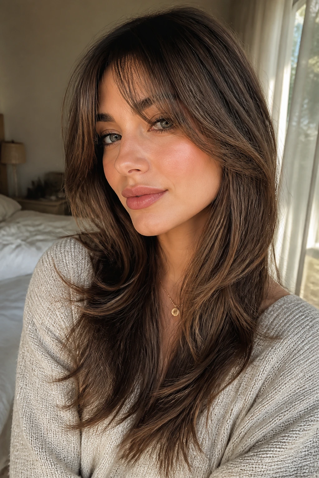 Close-up portrait of a real woman with long blended bangs fading into layers
