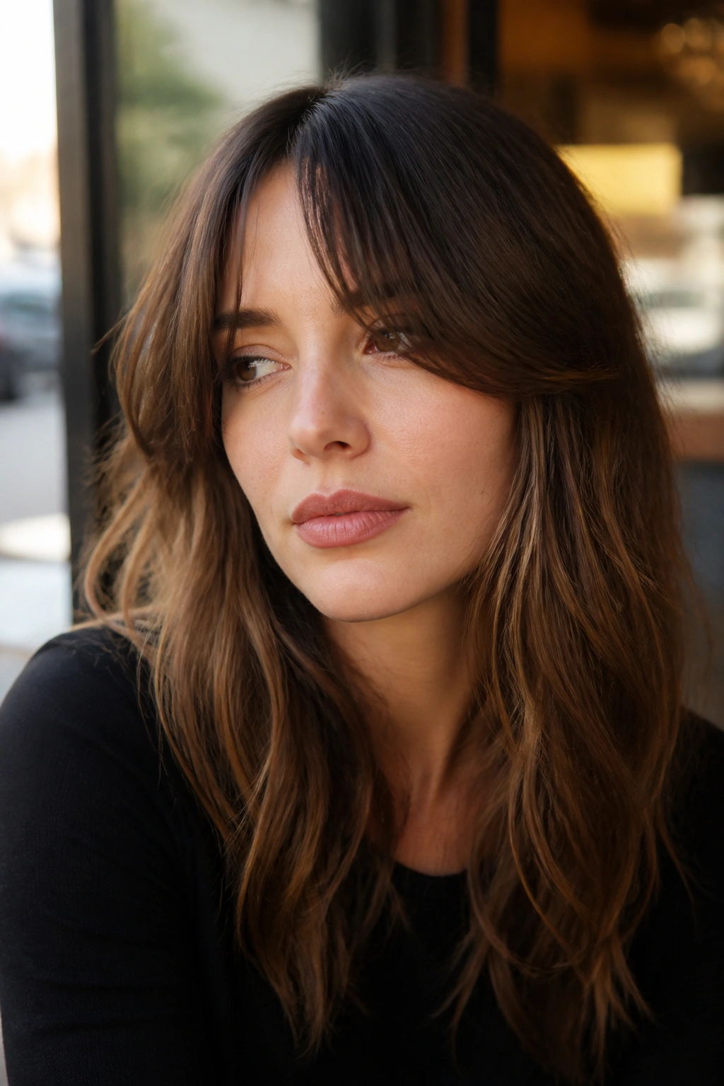 Close-up of a woman with long Bardot bangs and a barely visible center part in daylight.