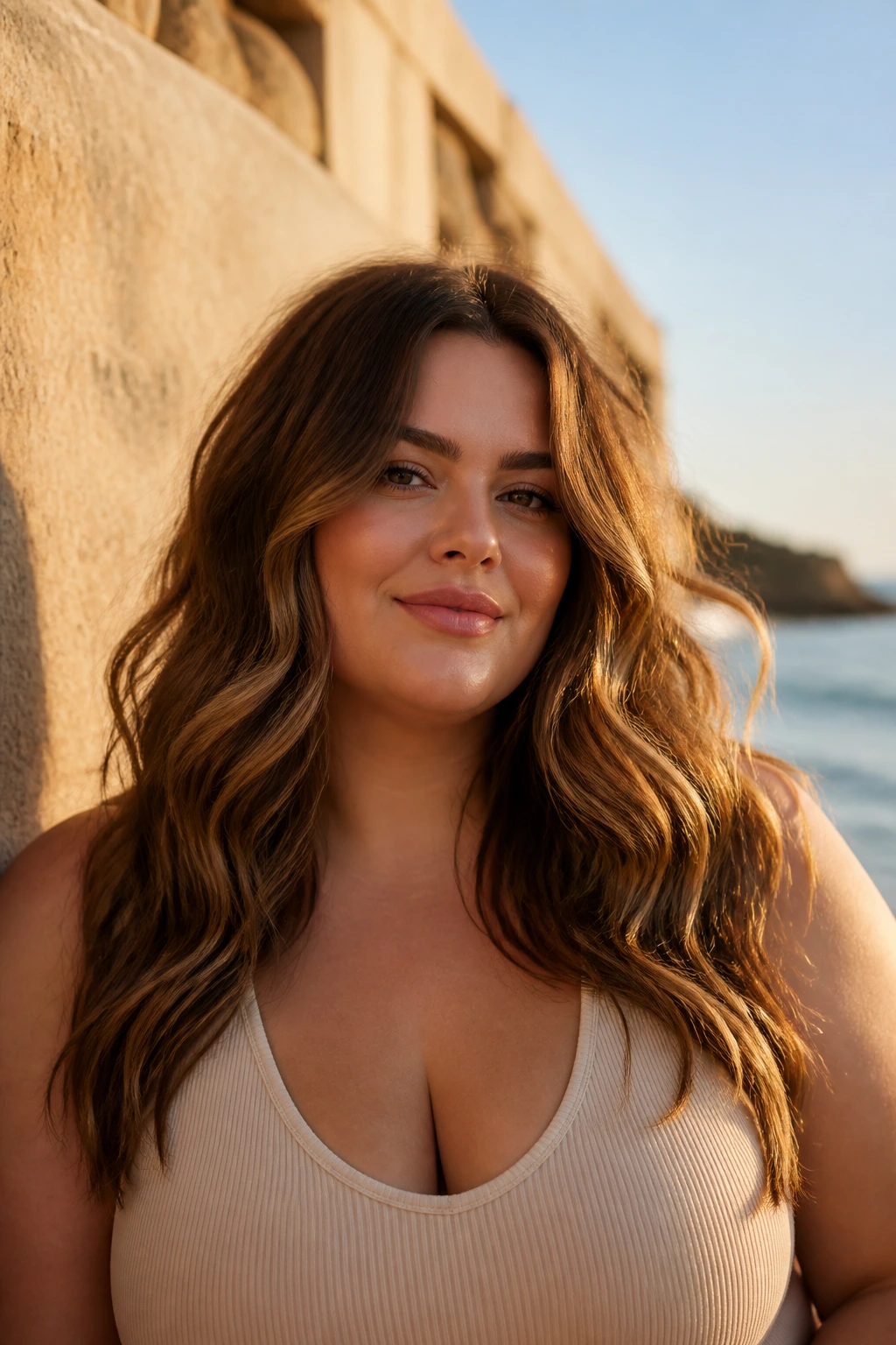 Portrait of a real woman with long beachy waves and layered hair