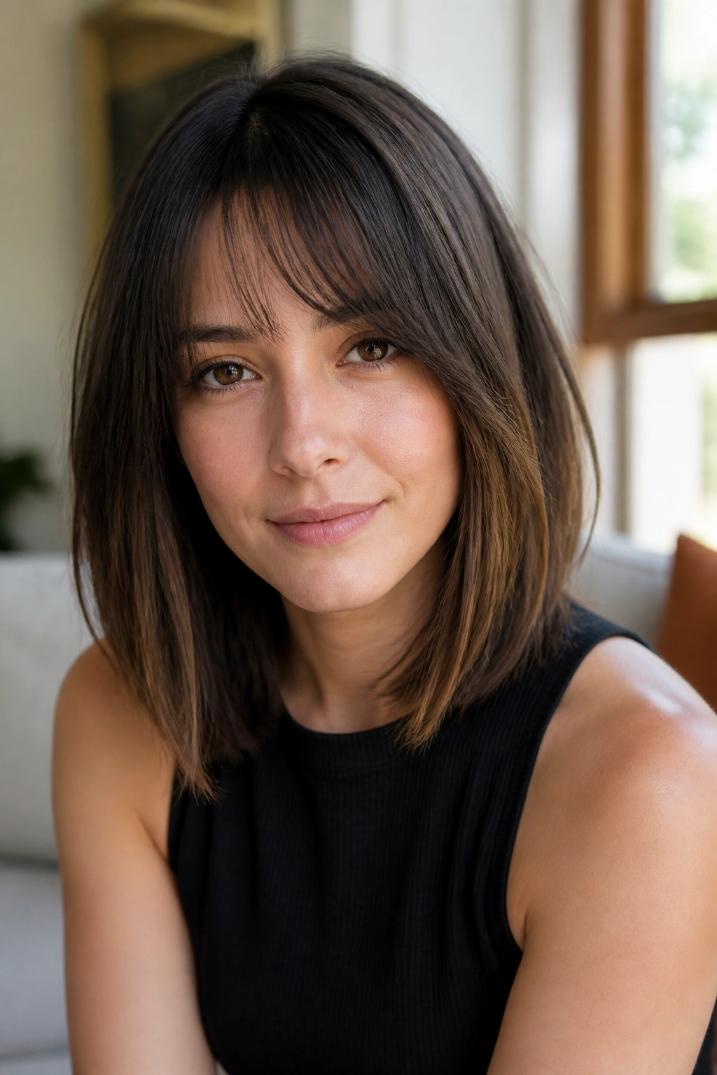 Close-up portrait of a real woman with long blended fringe into a lob.