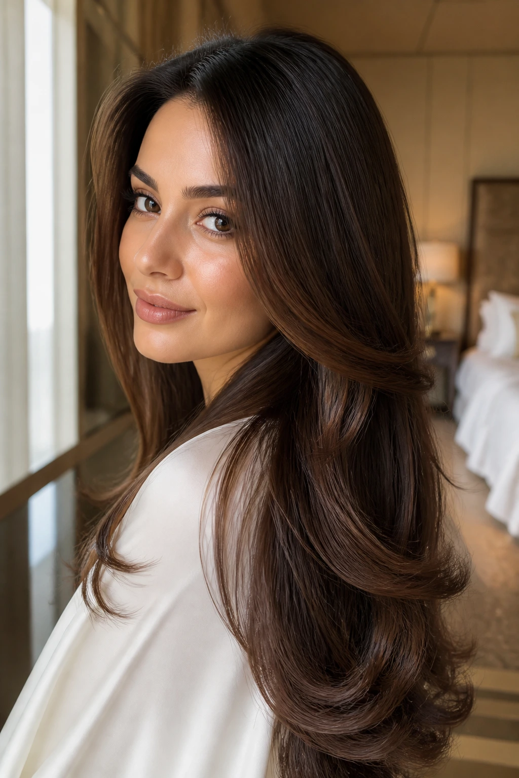Close-up of a real woman with a glossy long blowout and soft bends.