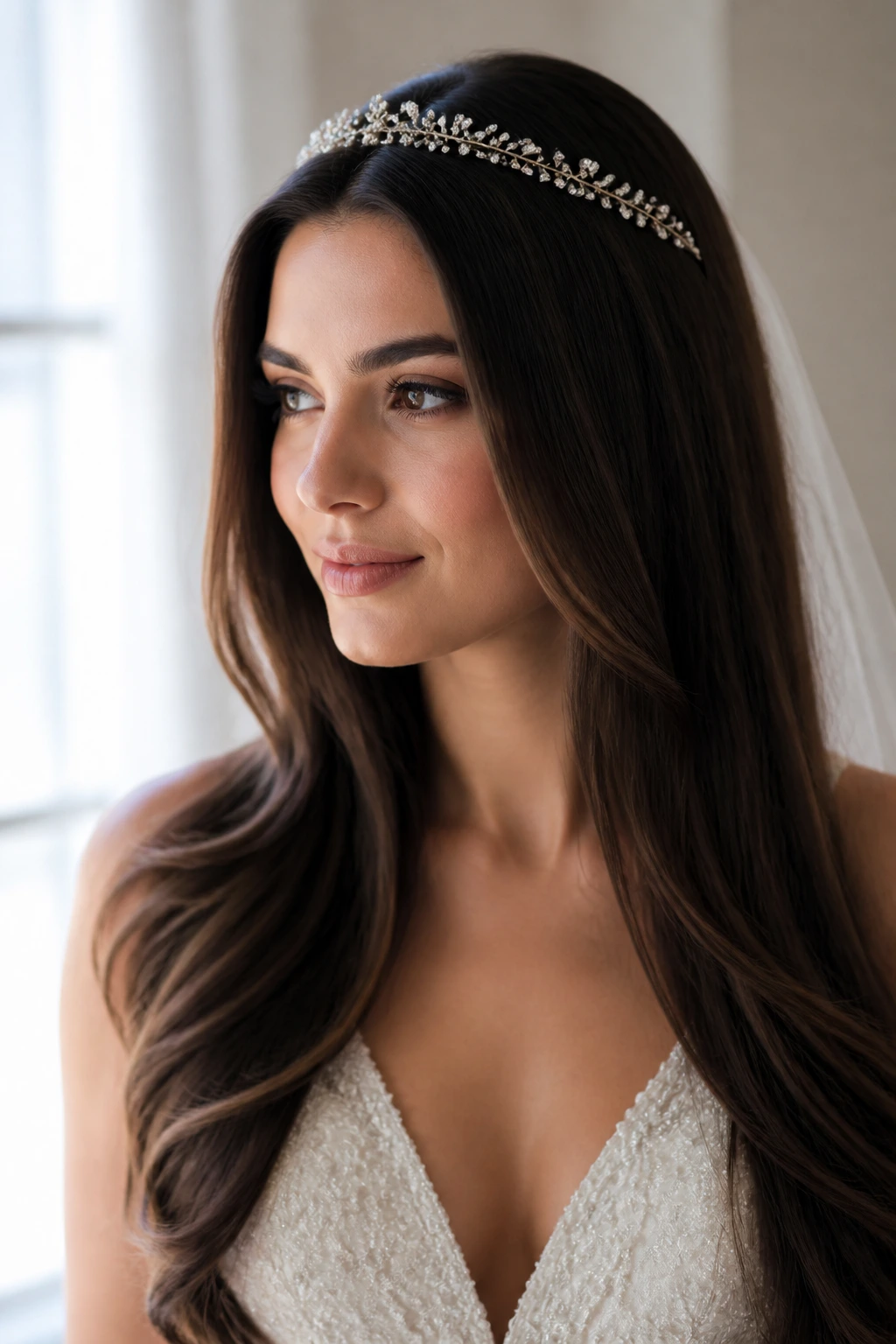 Bridal portrait with long blowout and delicate tiara
