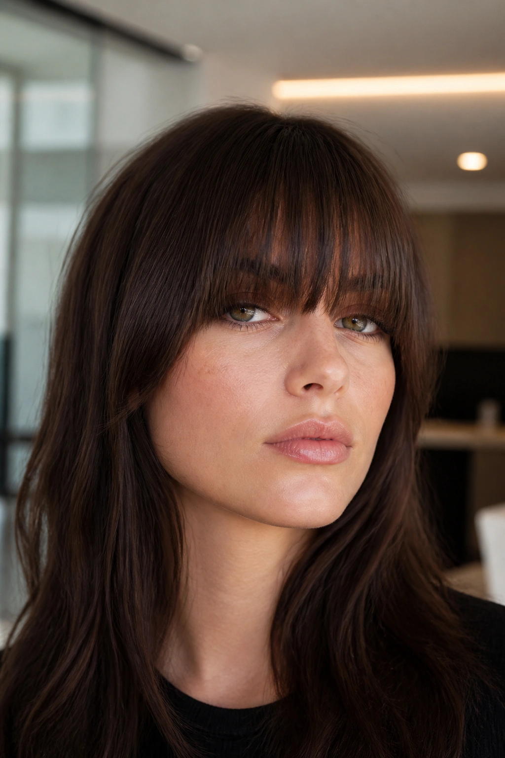 Close-up portrait of long blunt bangs grazing the lashes on a real woman
