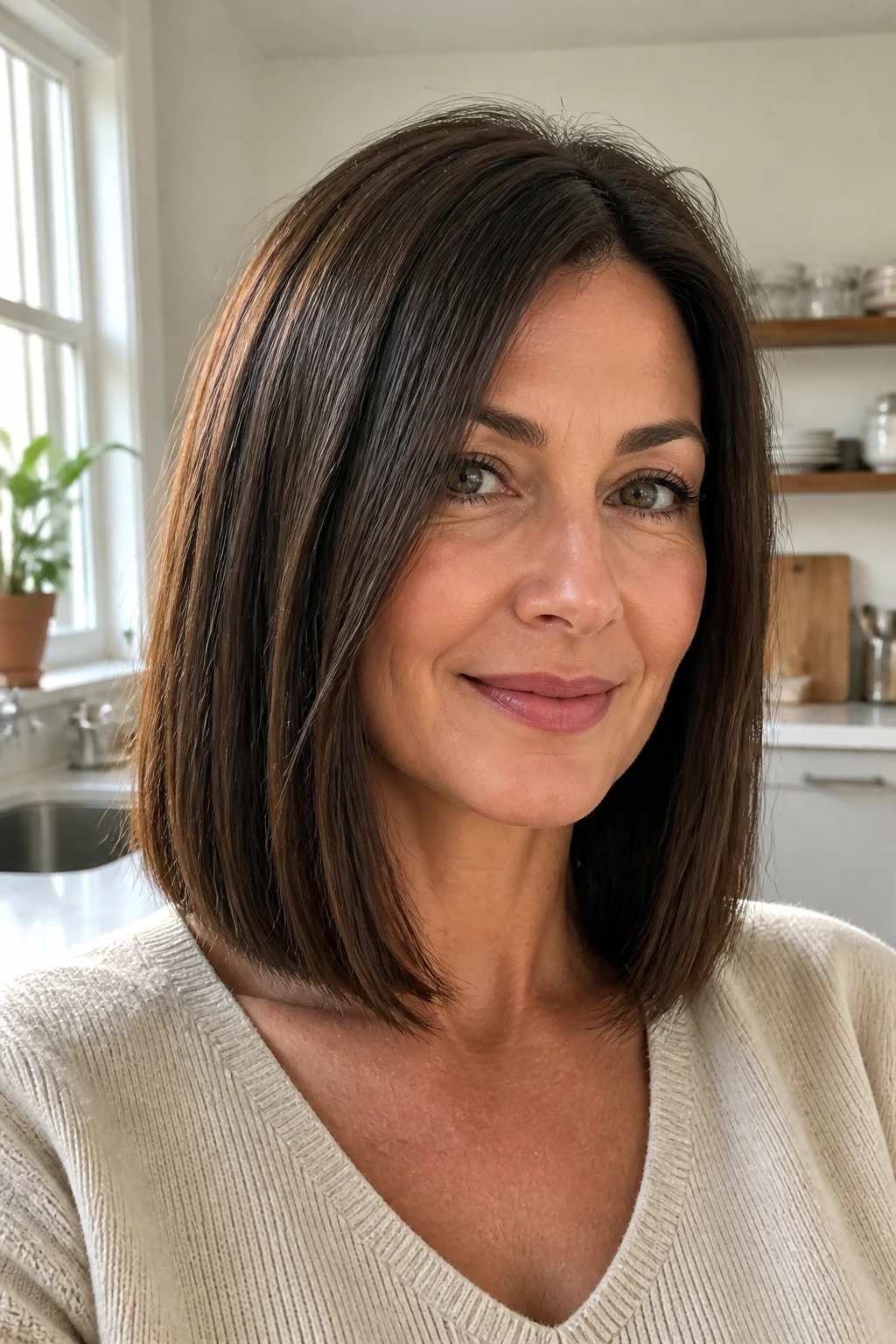 Close-up of a real woman with a long blunt bob with minimal layers