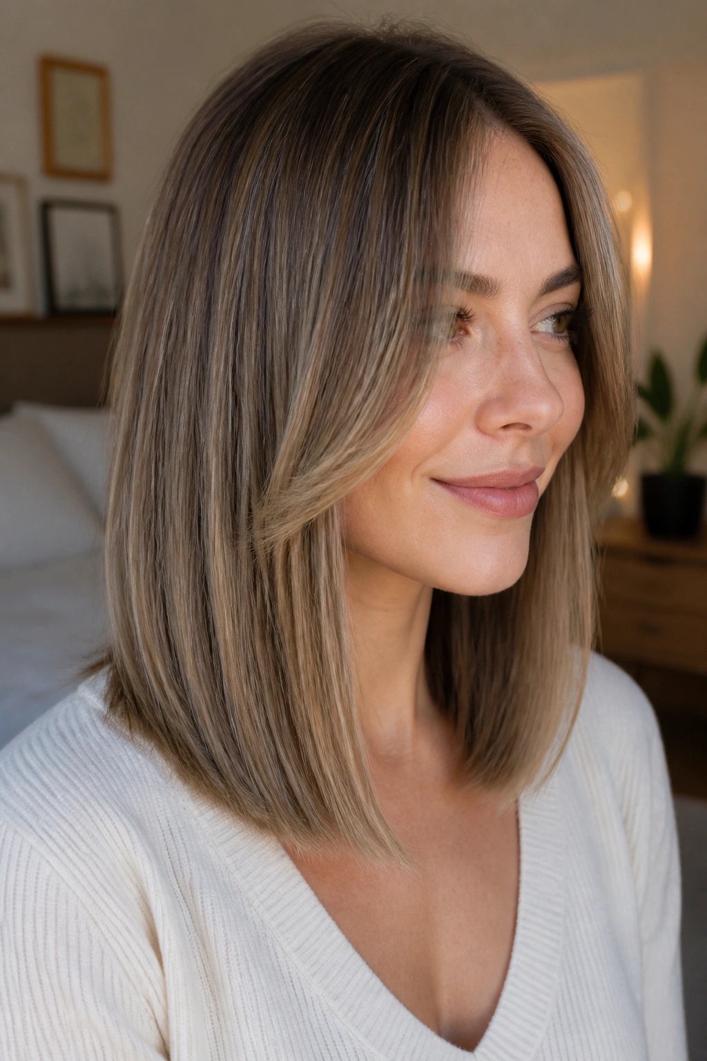 Close-up of a real woman with a long blunt cut and face-framing pieces in warm bedroom light