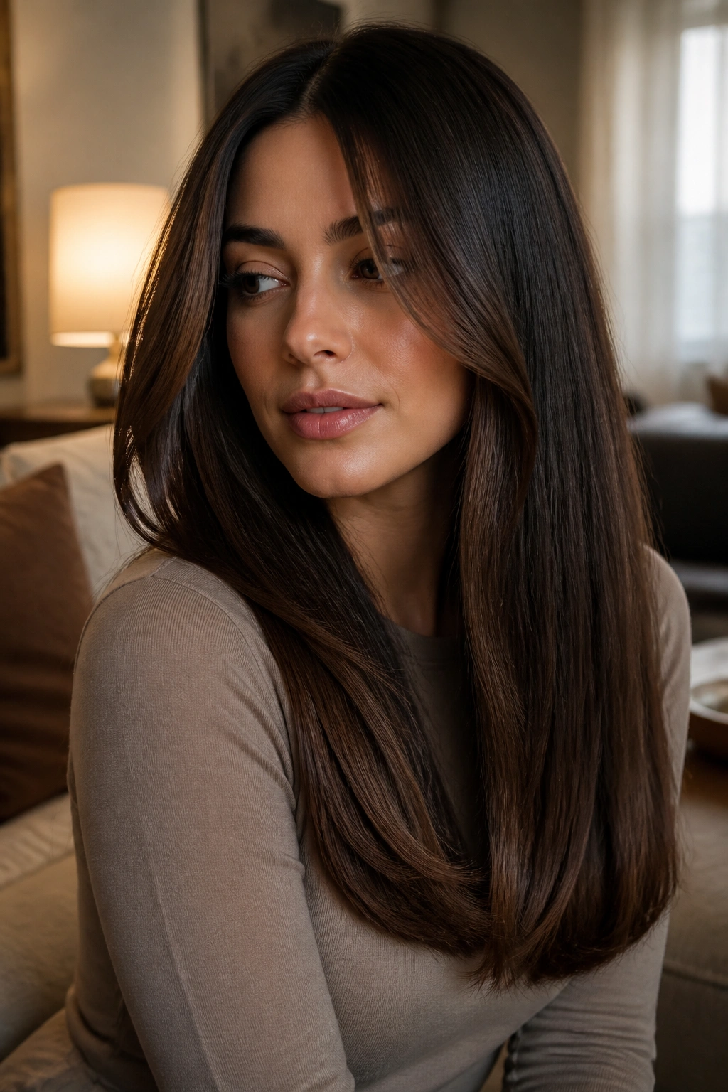 Close-up portrait of a real person with long blunt cut and face-framing pieces