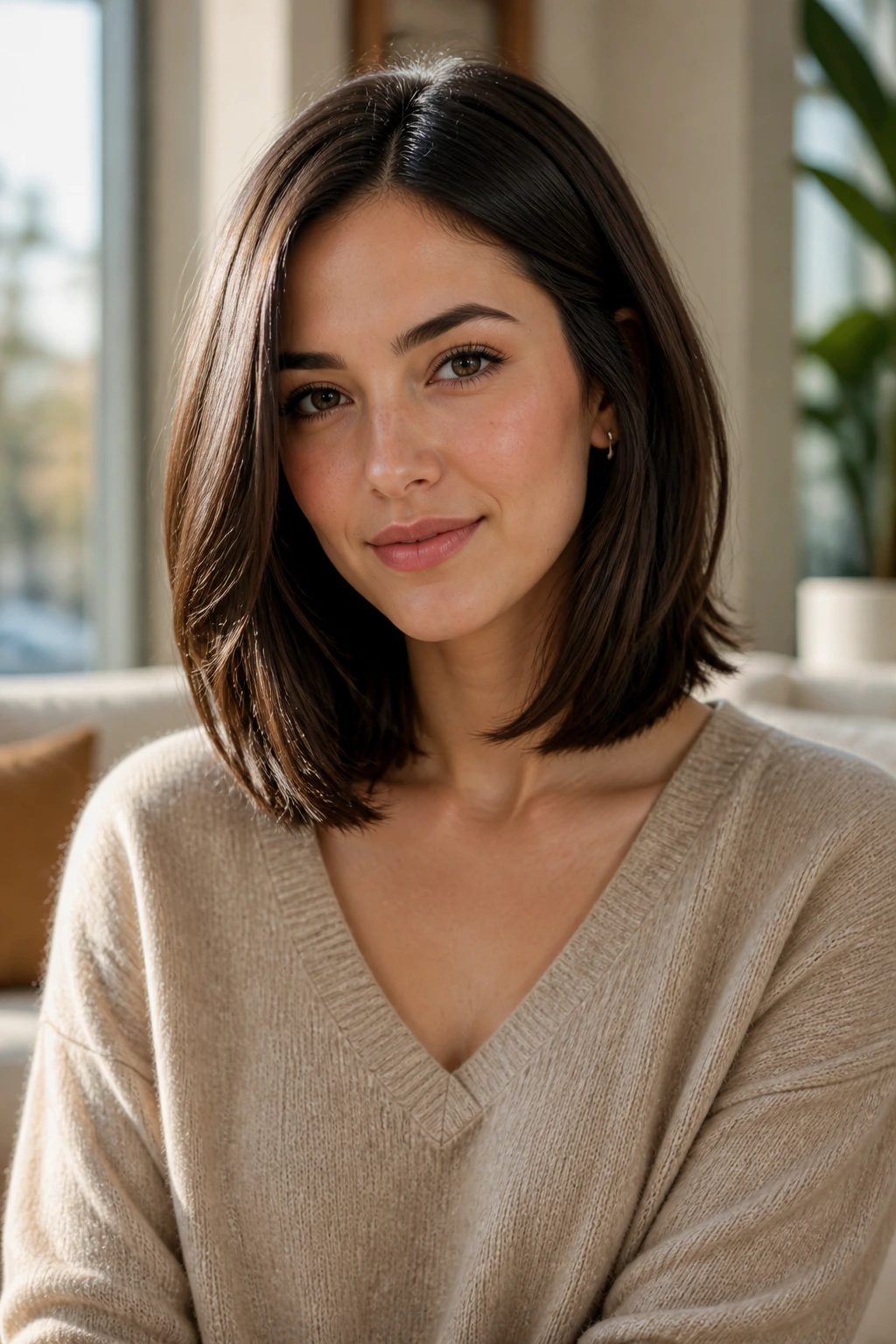 Portrait of woman with long bob balancing diamond face shape, soft layers and side part