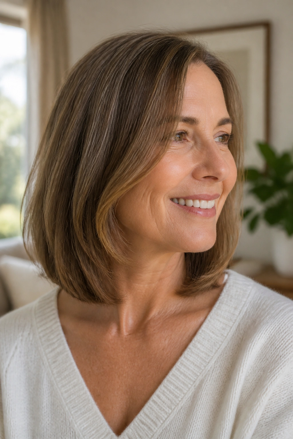 Portrait of a woman with a long bob grazing the collarbone.