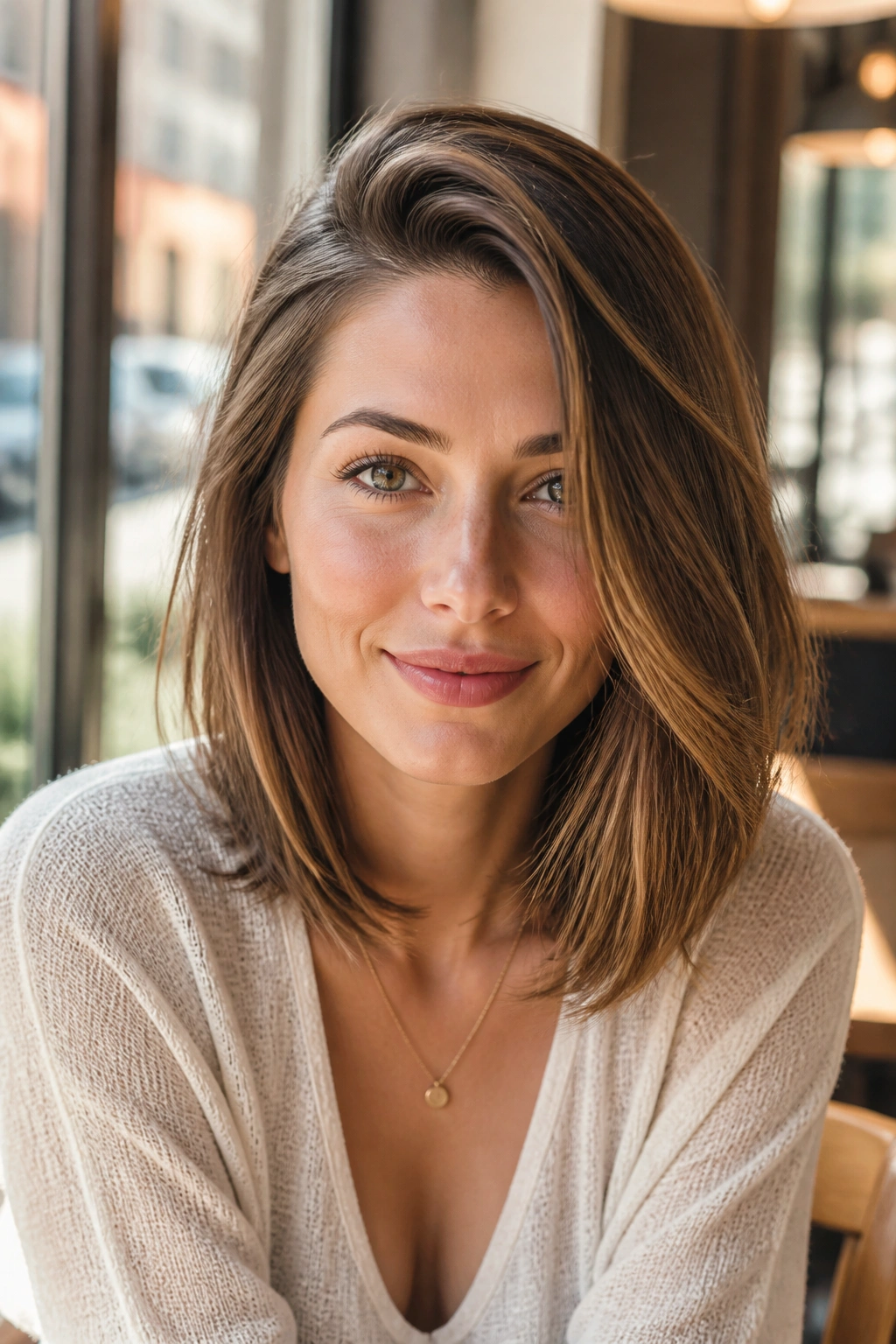 Portrait of a real woman with a deep side part long bob