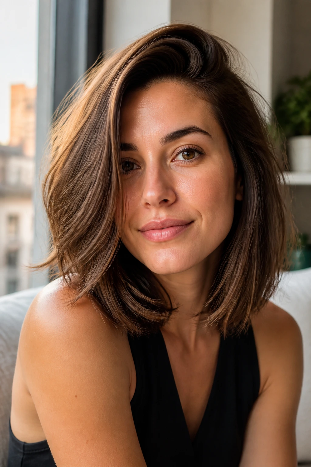 Close-up of a real woman with a long bob and deep side part