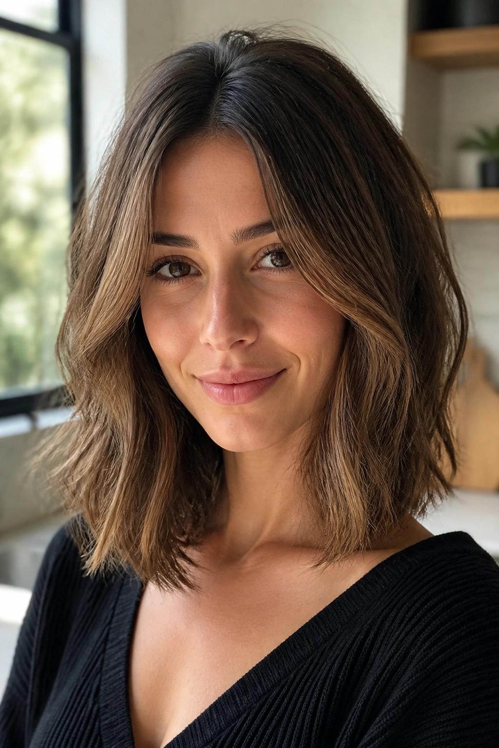 Close-up of a real woman with long bob and face-framing layers in natural daylight.