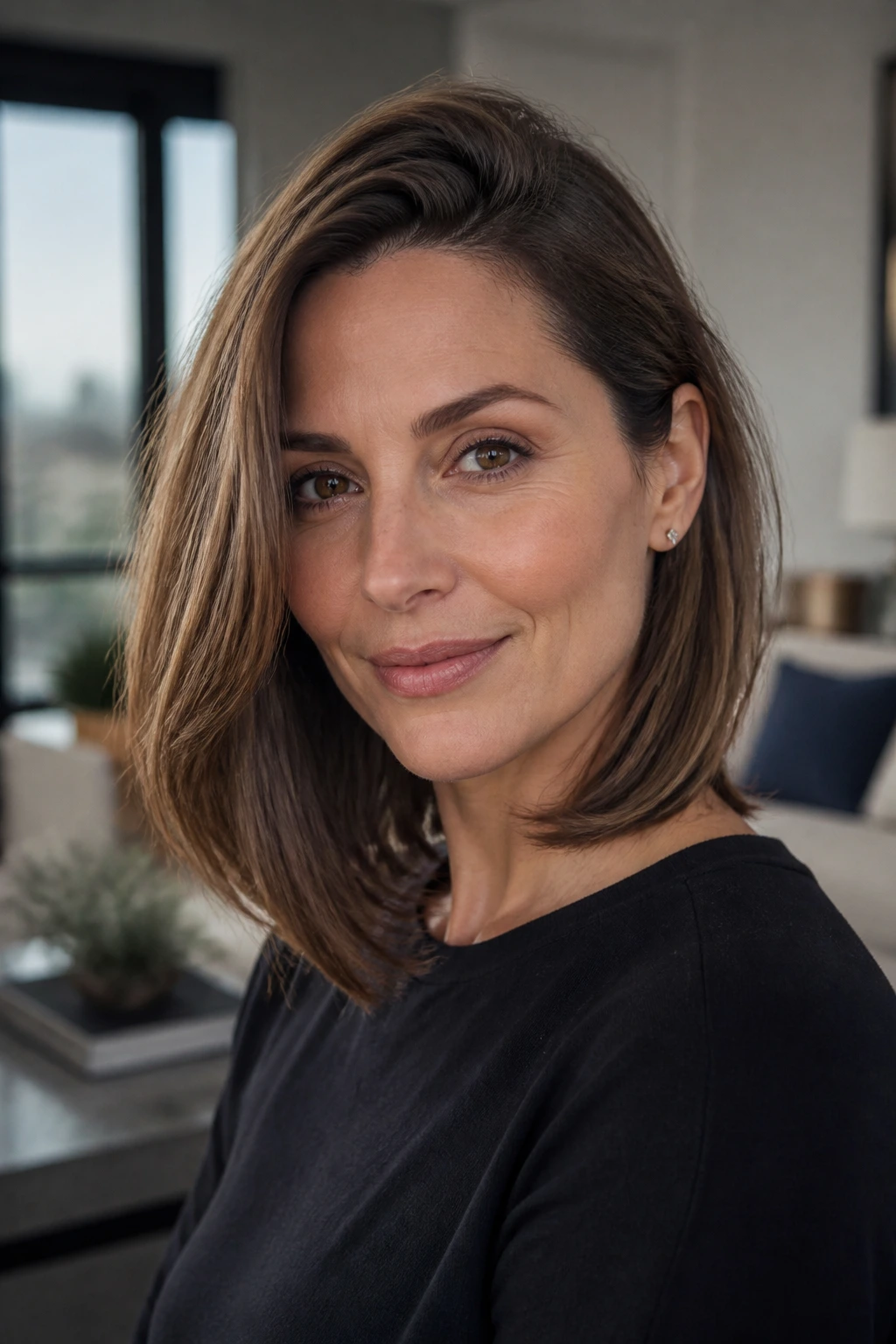 Close-up portrait of a real woman with shoulder-skimming long bob in natural light