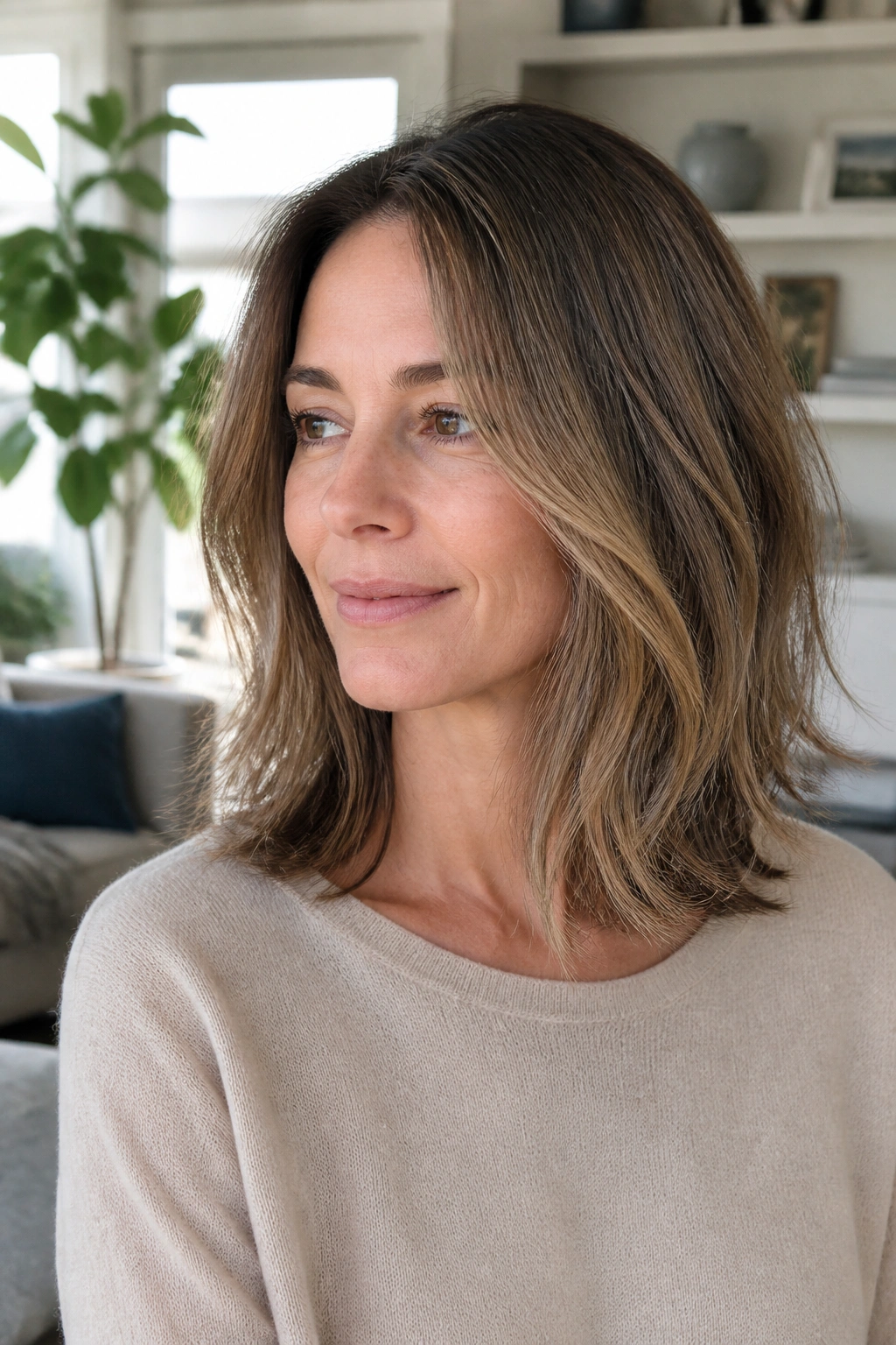 Real woman wearing a shoulder-skimming long bob with soft beveled ends.