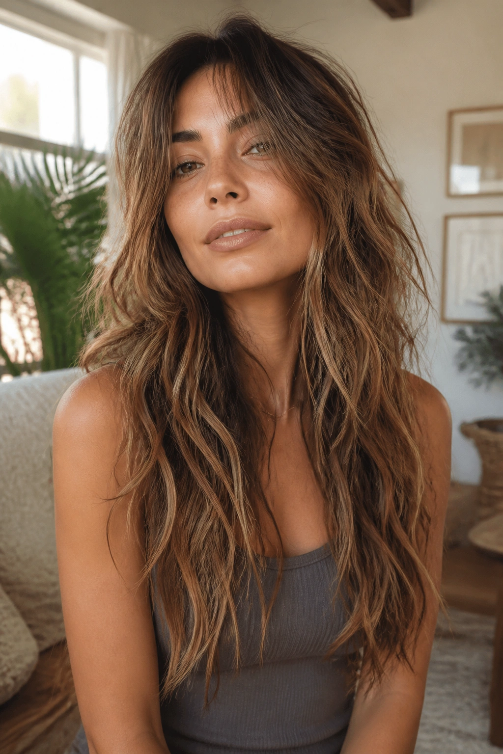 Close-up portrait of a real woman with long boho shag featuring long layers and face-framing pieces in natural window light