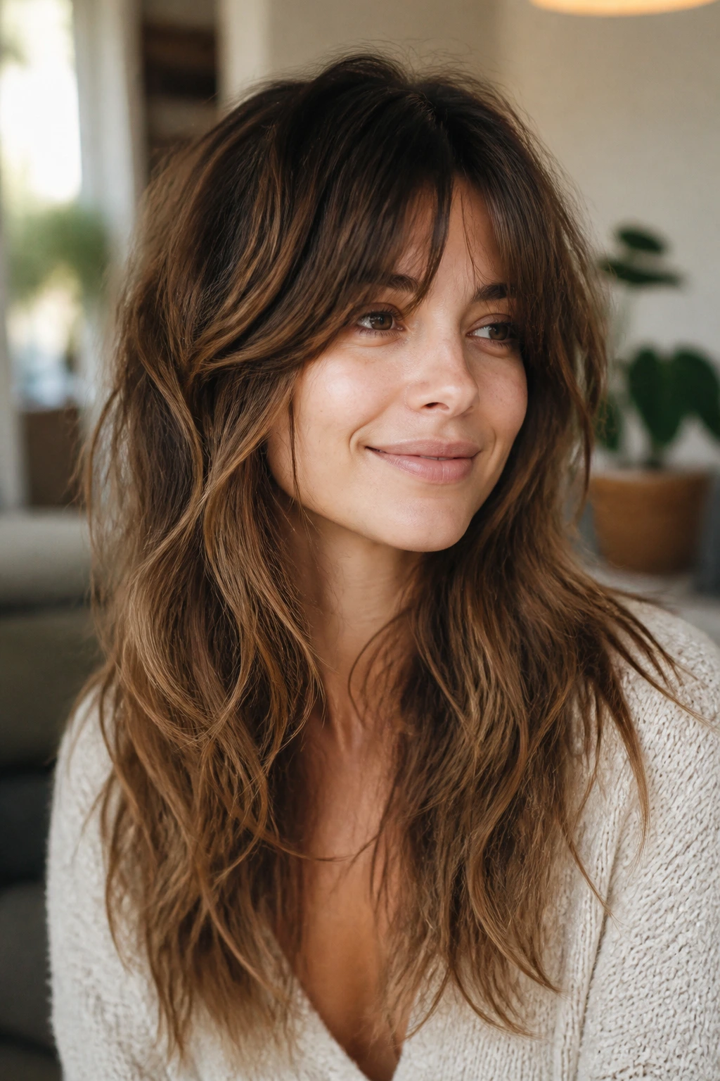 Close-up of a real person with long boho shag and wispy ends, resting past the shoulders.