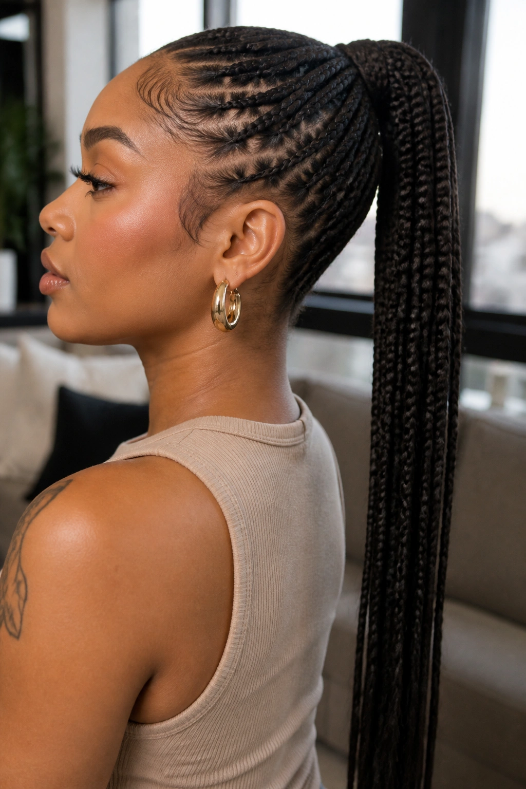 Side-profile of a real woman with a long braided ponytail