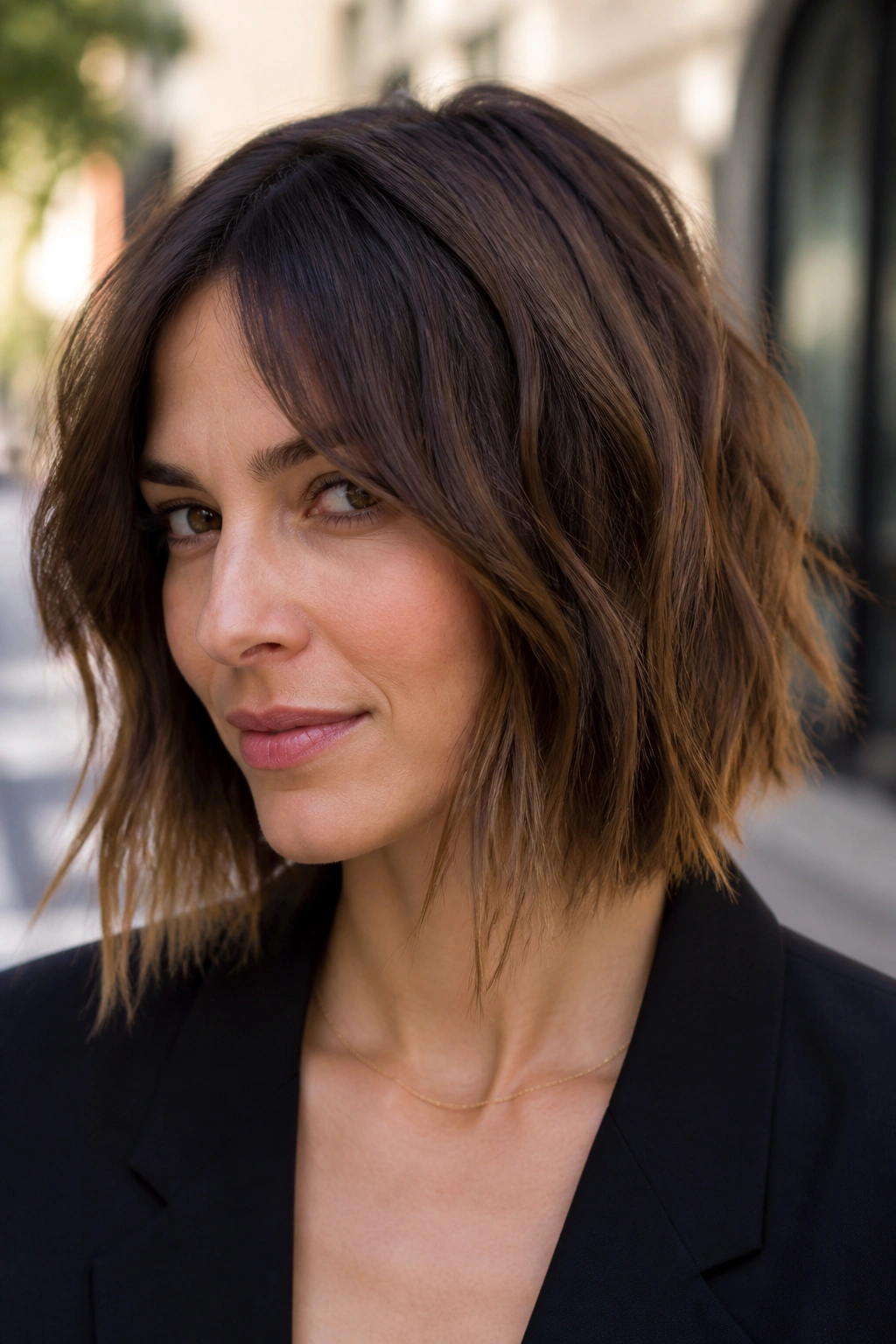 Close-up of a real woman with a long choppy bob and ragged ends outdoors in soft daylight