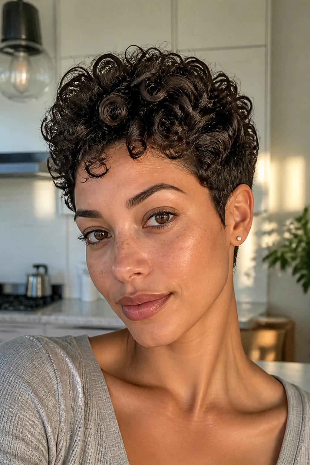 Close-up portrait of a real woman with long-crown curly pixie and a close back