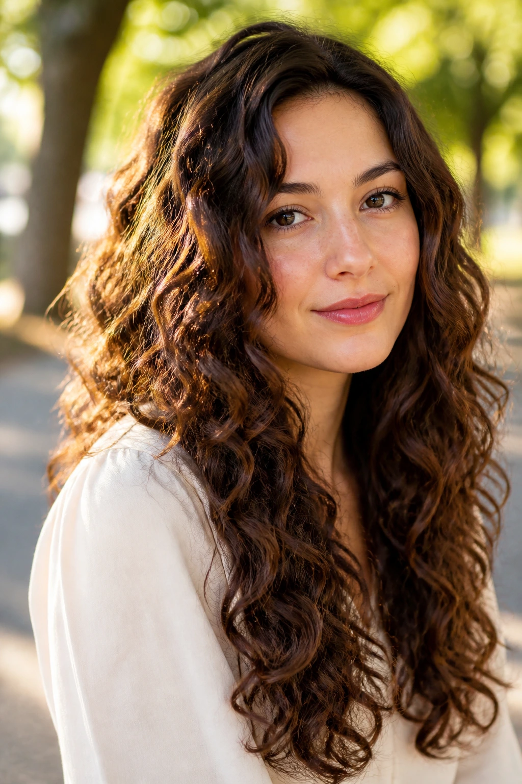 Close-up of a real woman with long curls and subtle invisible layers outdoors