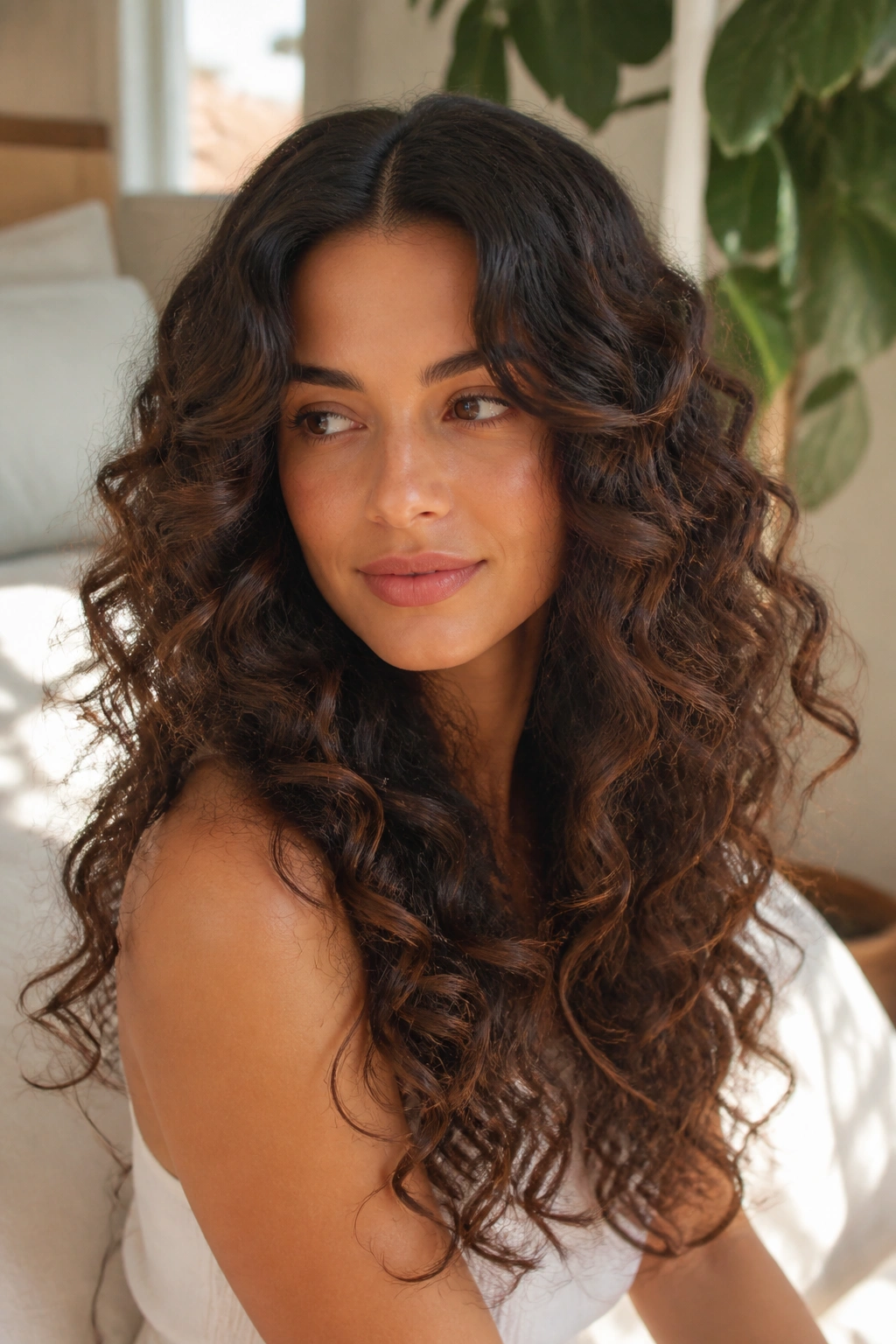 Portrait of a woman with middle-parted long curls and soft layers.