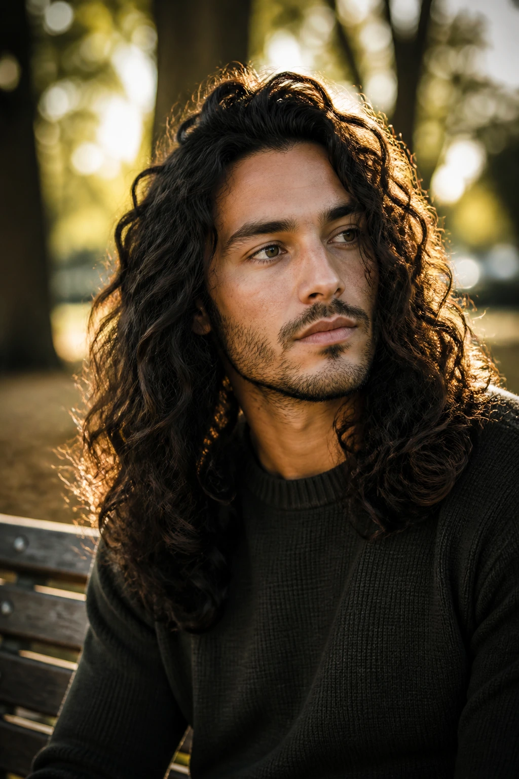 Portrait of a man with long curls outdoors