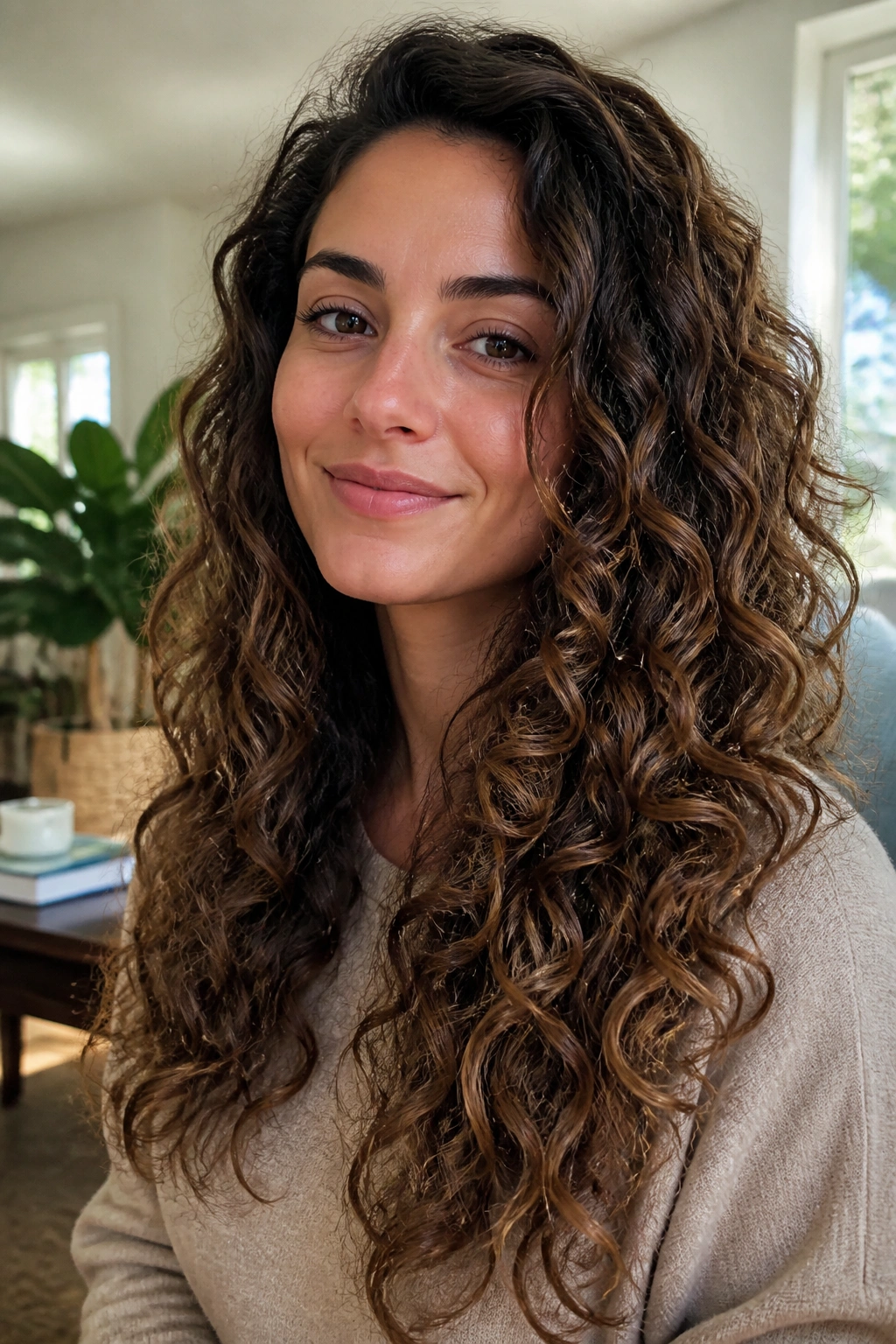 Portrait of a woman with long curly layered hair