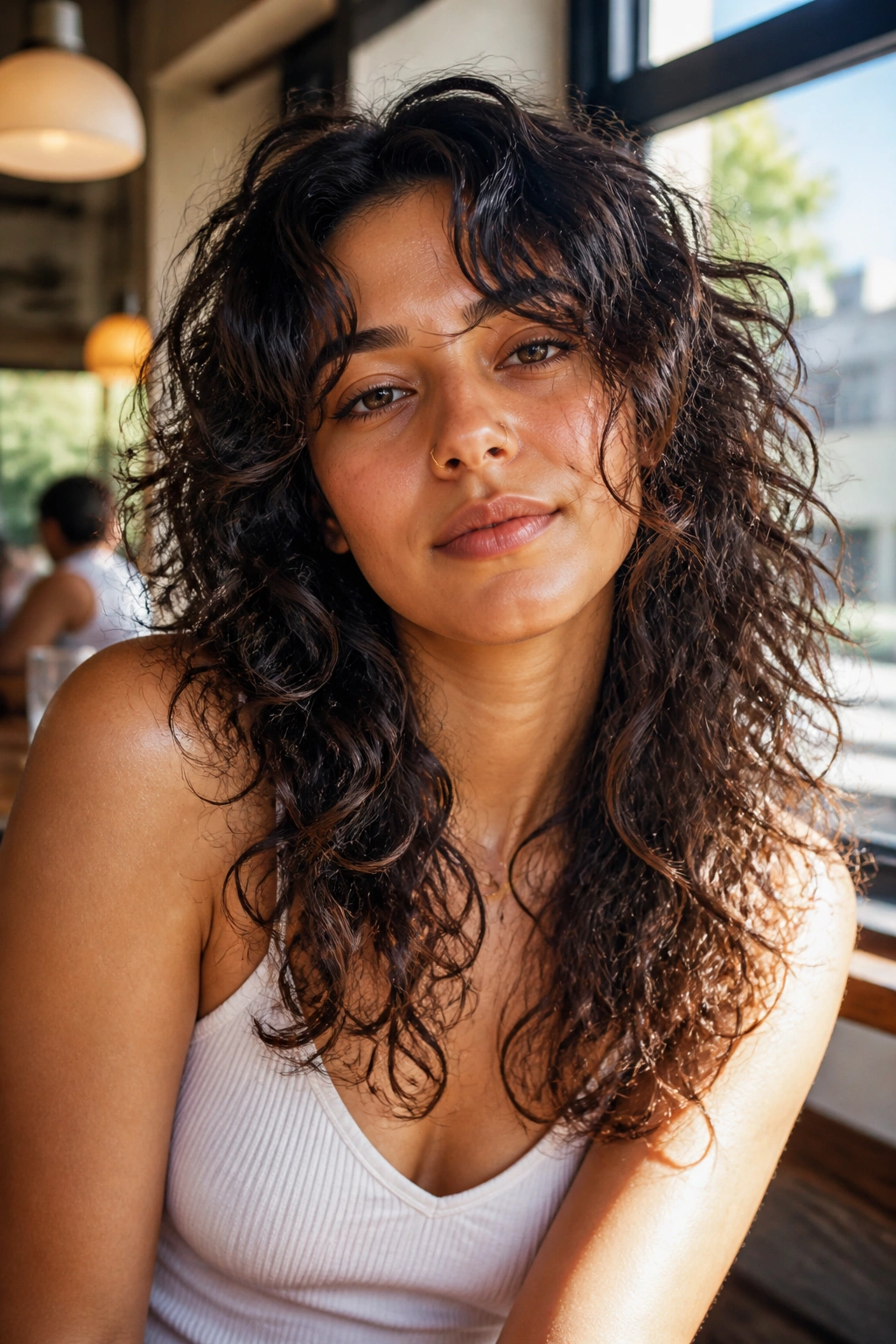 Portrait of a woman with long curly shag and face-framing layers