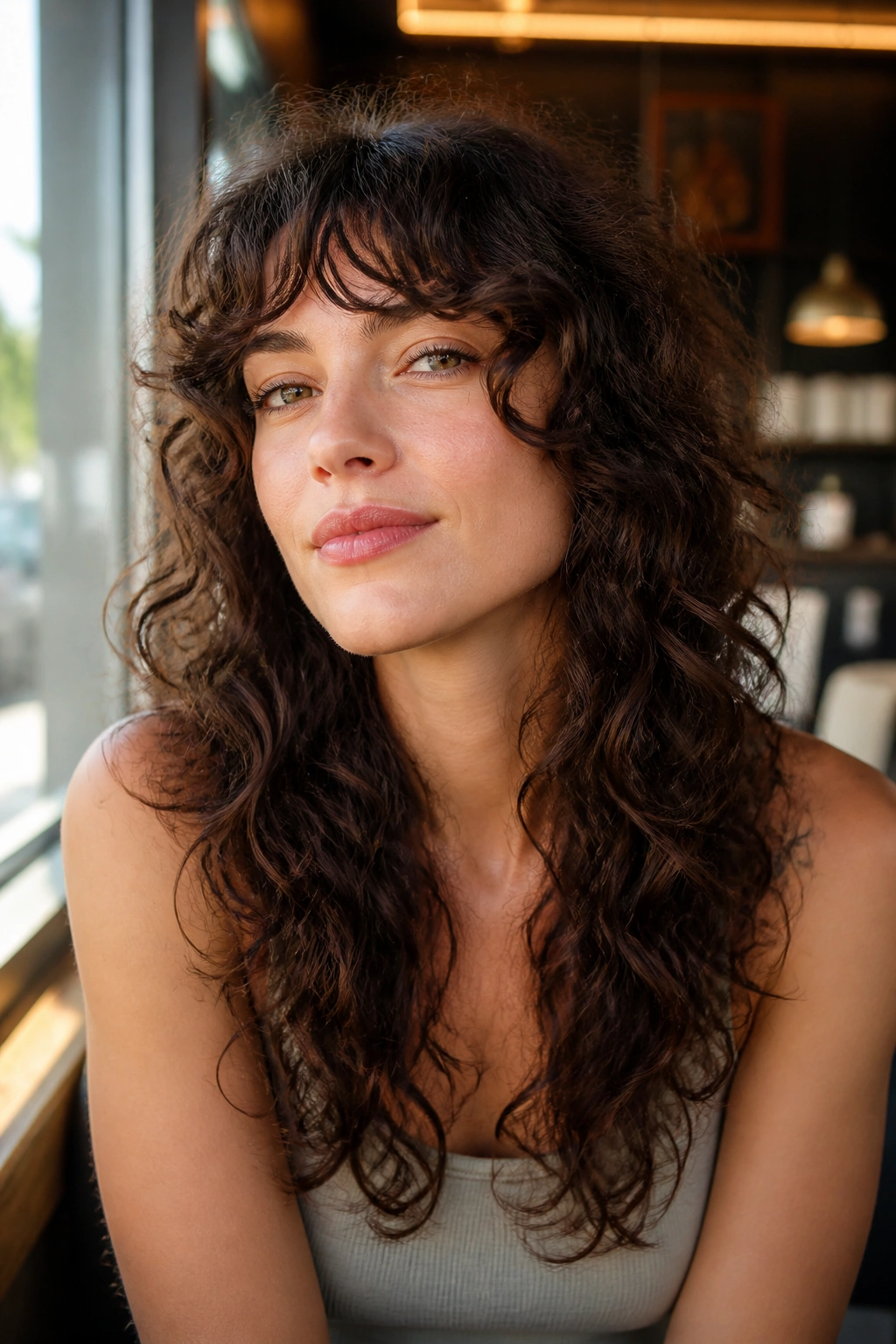 Portrait of a real woman with long curly hair and face-framing layers.