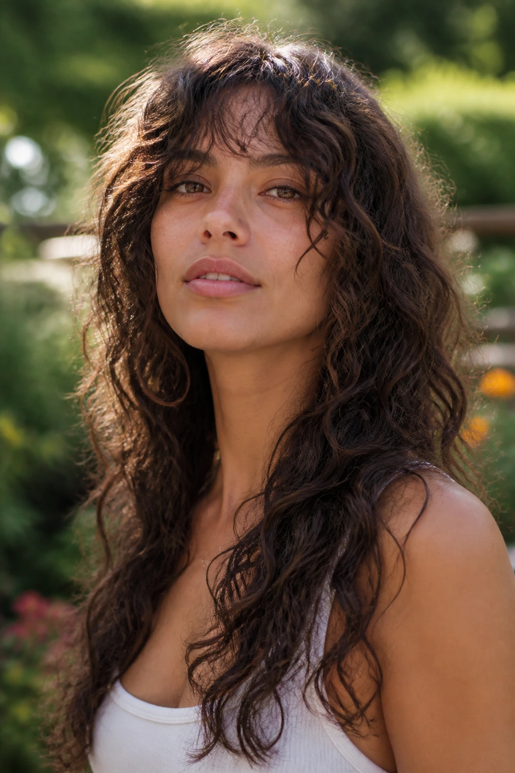 Close-up of a real person with long curly shag and feathered layers in outdoor garden light
