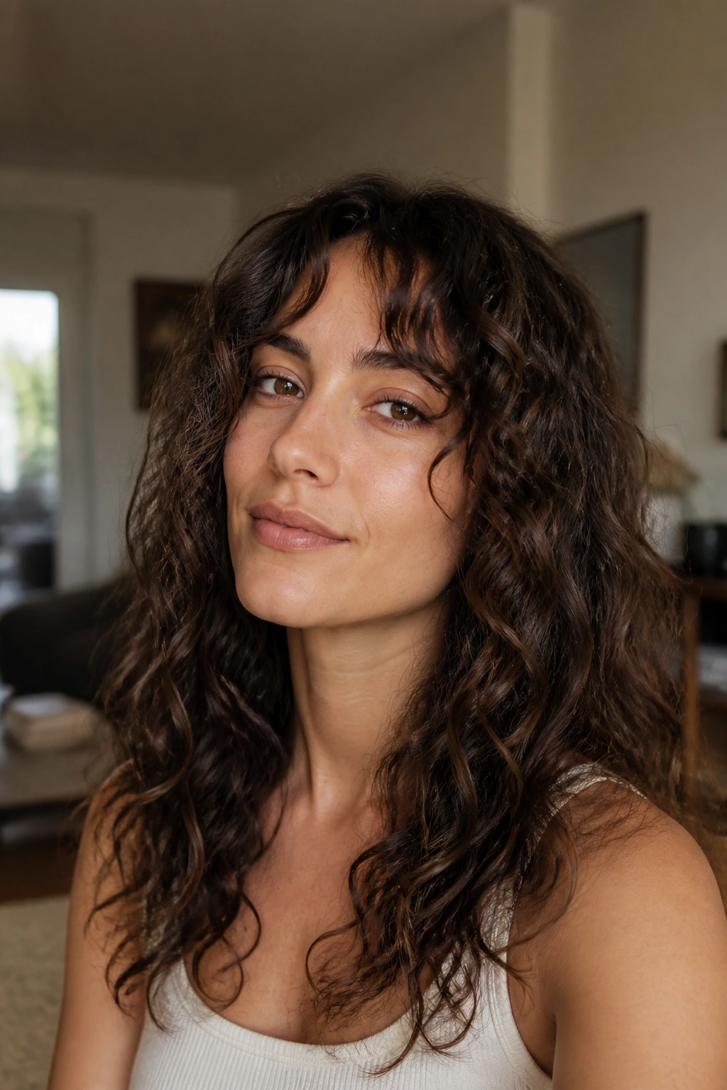 Close-up portrait of a real woman with long loose curly shag in a cozy living room.