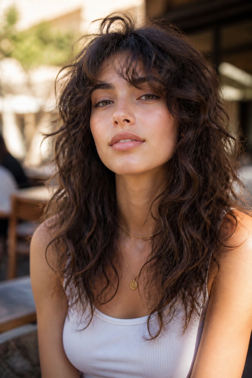 Close-up portrait of a real person with long curly wolf cut and airy ends