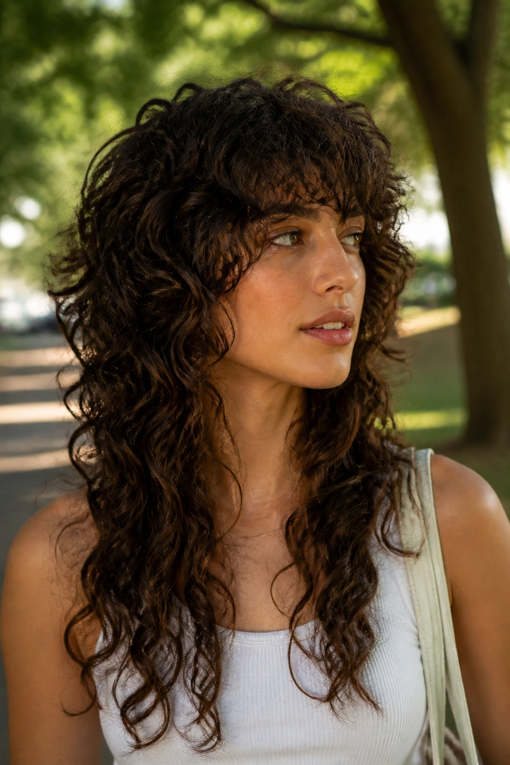 Close-up of a real person with long curls and a soft wolf-cut edge.