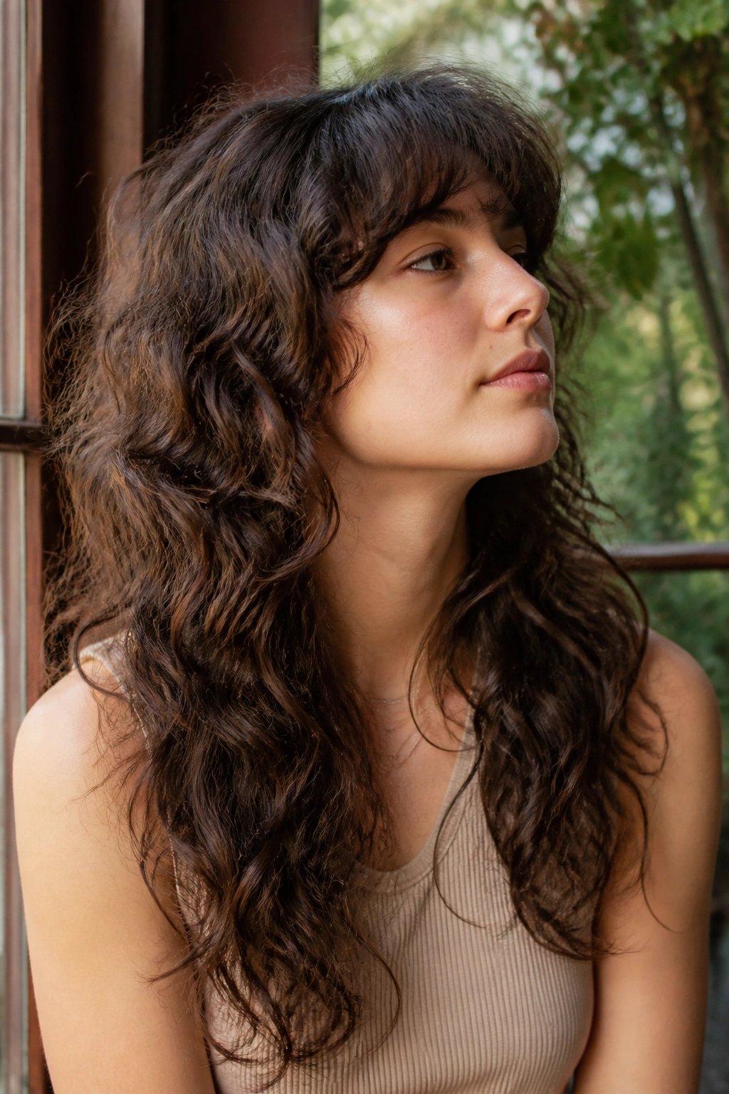 Close-up of a real person with a long curly wolf cut that grows out softly, showing gentle transitions.