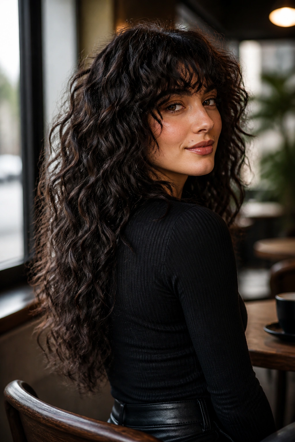 Three-quarter portrait of a woman with long curly wolf cut and tapered back
