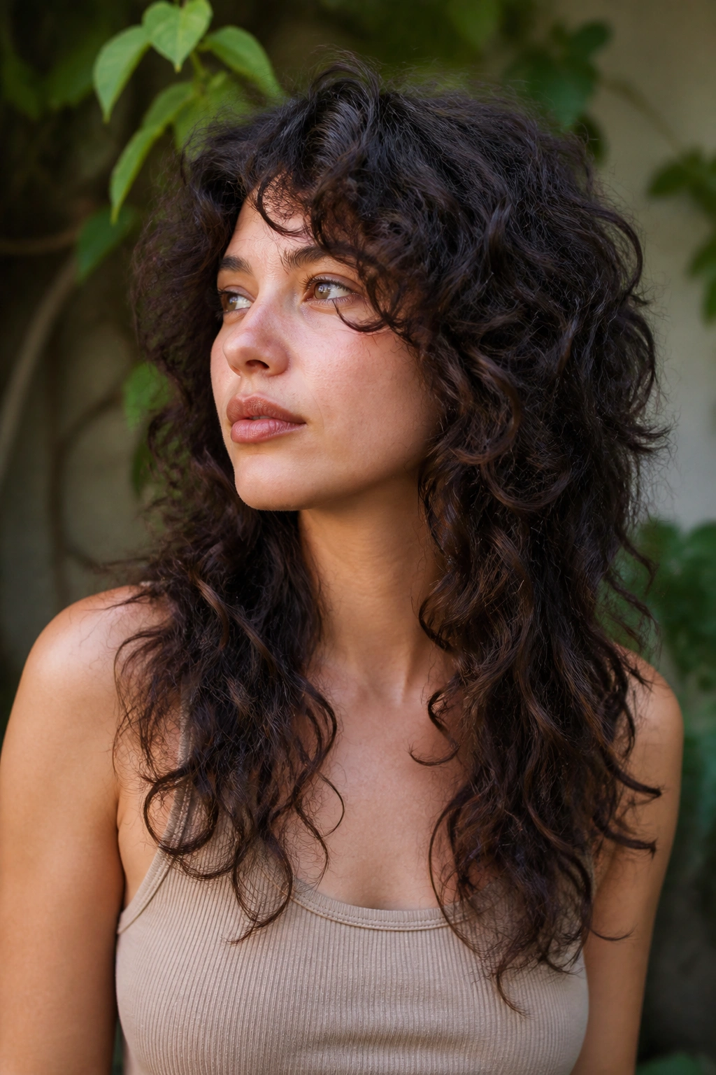 Portrait of a real person with long curly wolf cut and tapered ends in a sunlit outdoor setting