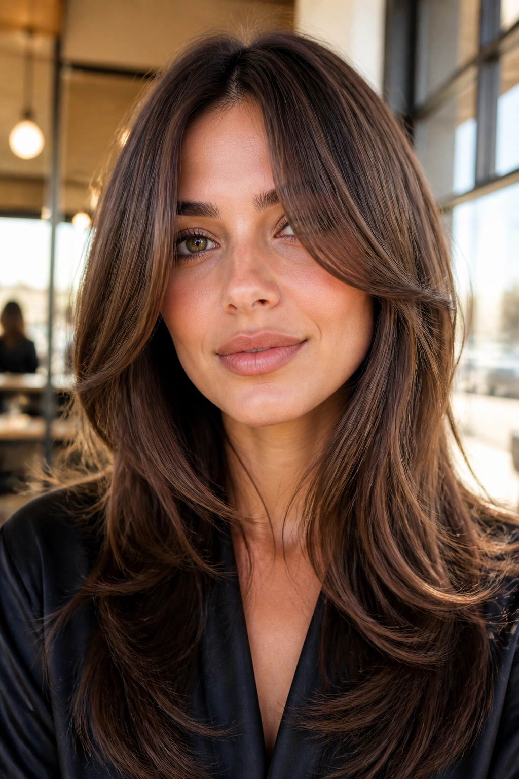 Real woman portrait with long curtain bangs and soft cascade layers