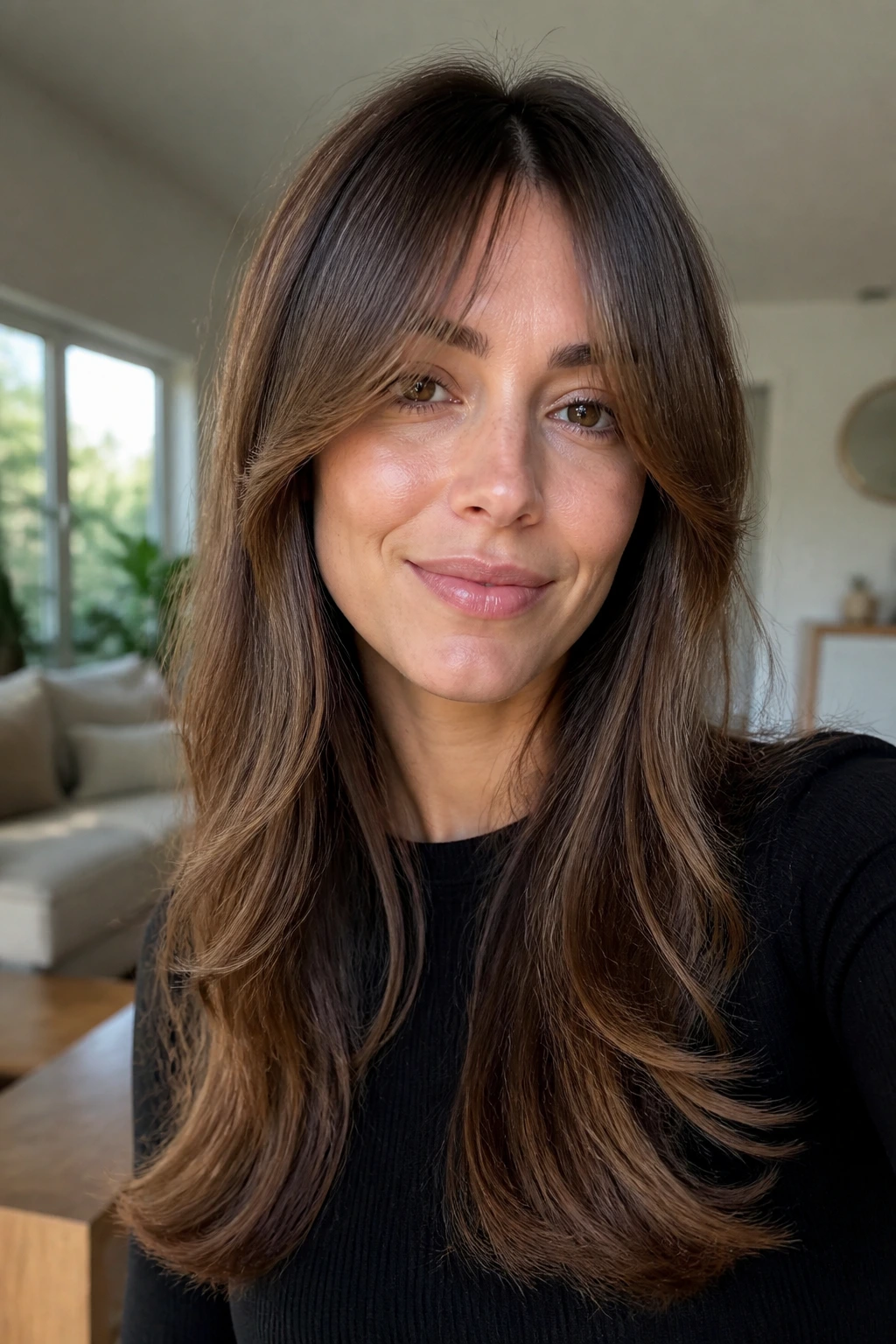 Close-up portrait of a real woman with long curtain bangs in soft daylight