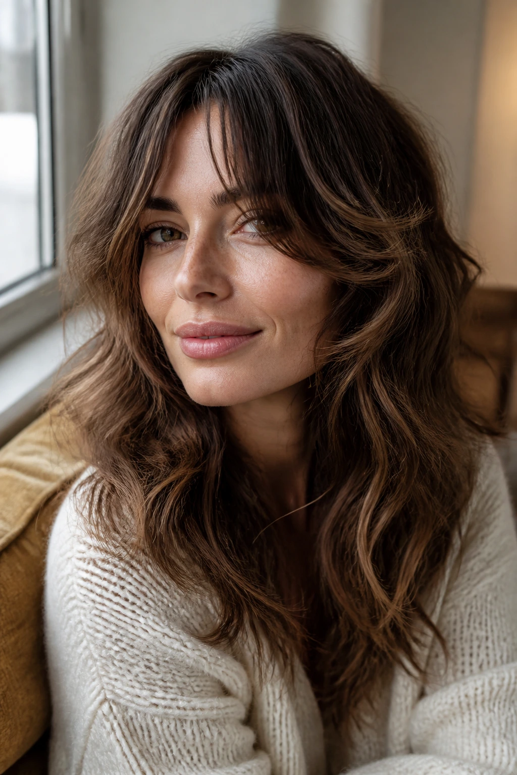 Close-up portrait of a real woman with long curtain fringe blending into shag.