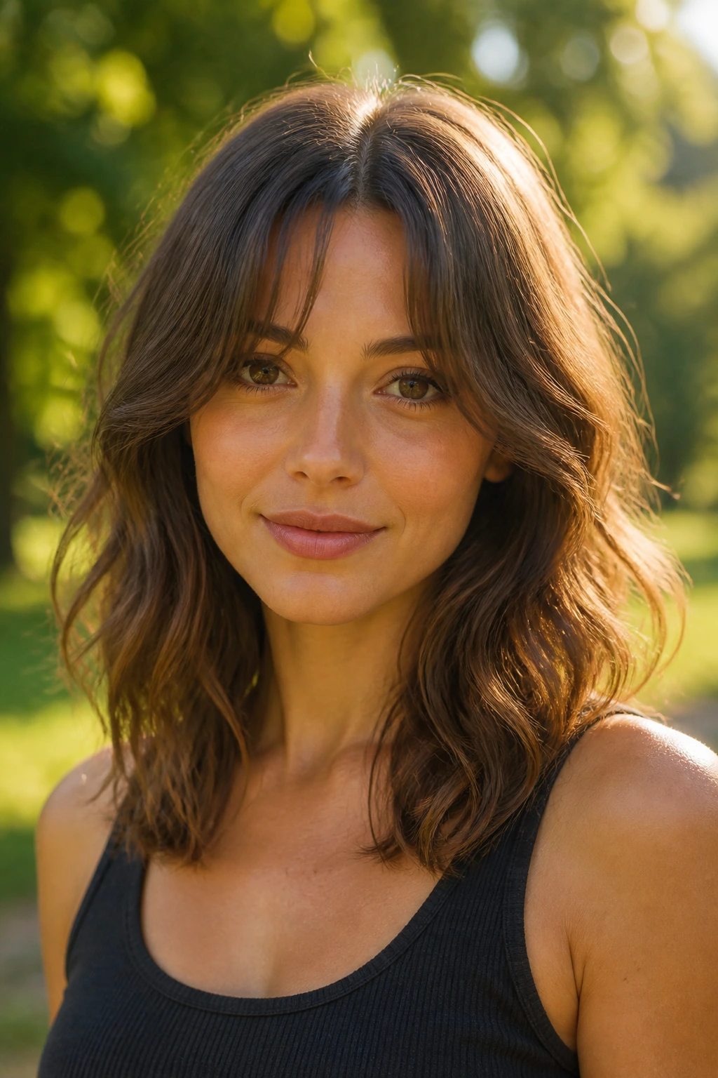 Close-up of a woman with long curtain fringe on wavy hair in sunlit park