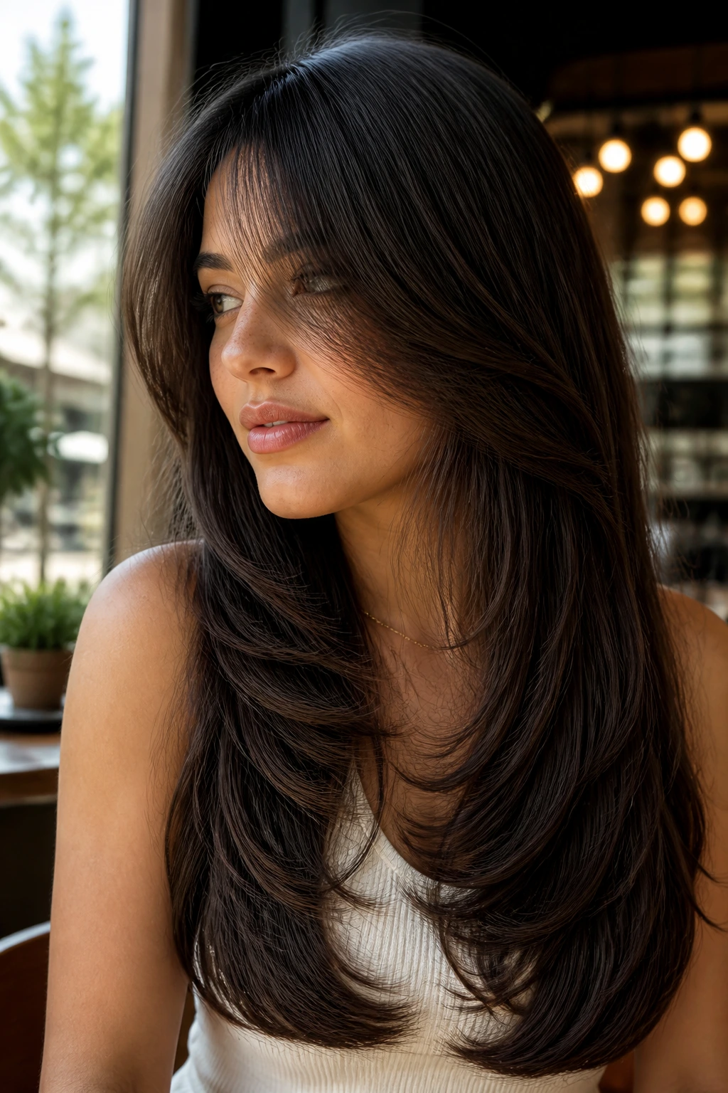 Close-up portrait of a real woman with forward-sweeping diagonal layers.