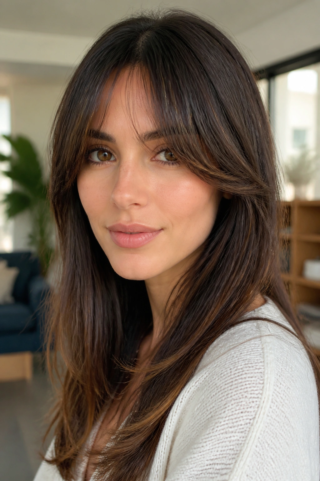 Close-up of a real person with rounded soft bangs breaking up the height of a long face