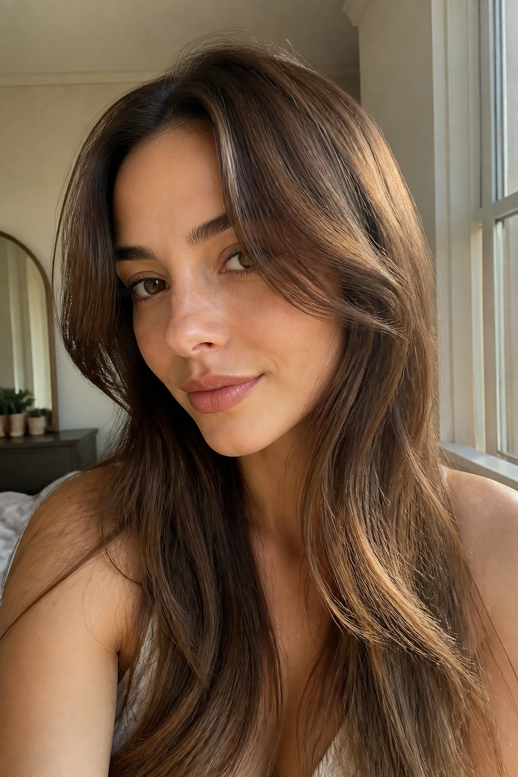 Close-up portrait of a real woman with long face-framing curtain bangs in warm window light