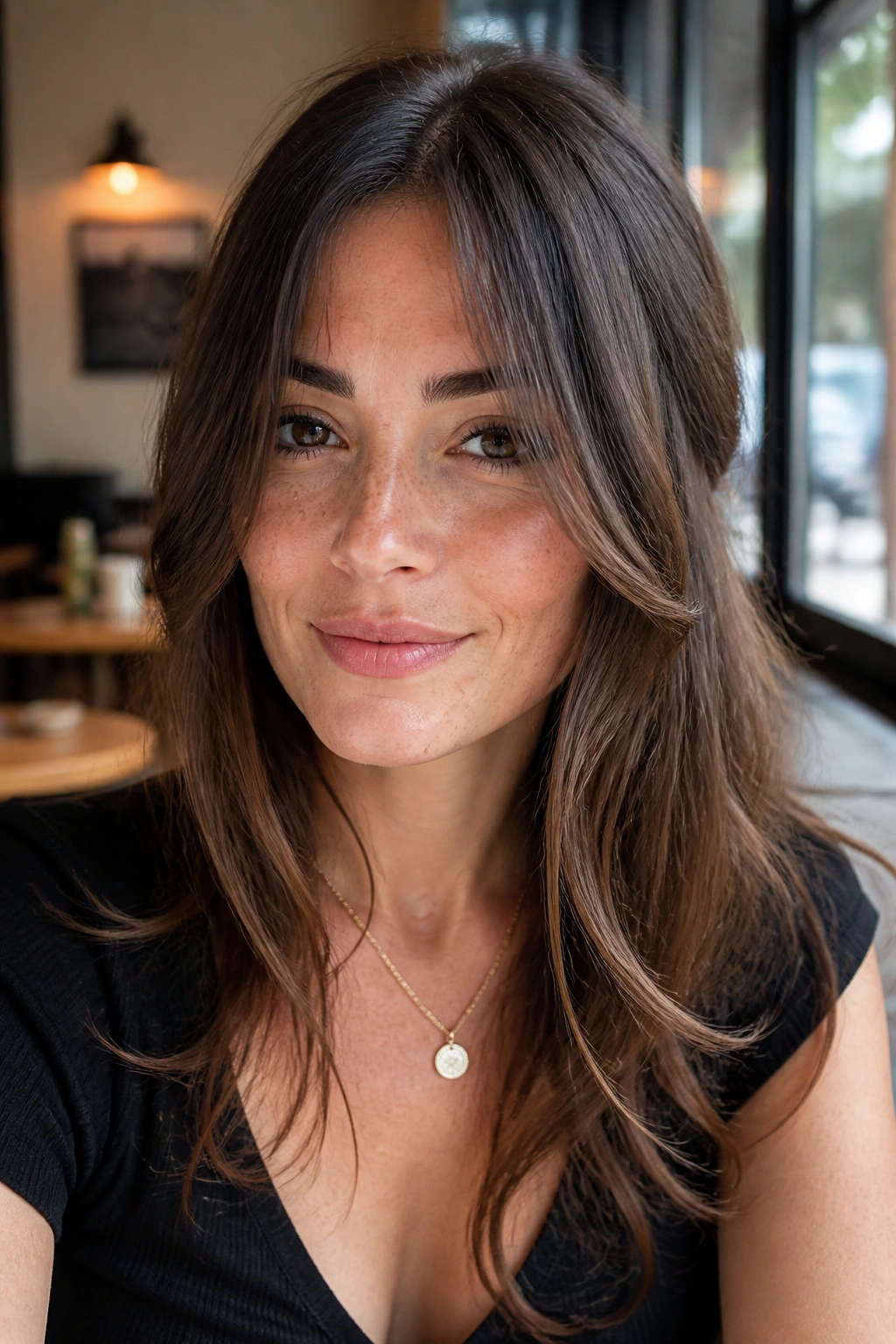 Real person with long face-framing bangs in a cafe setting