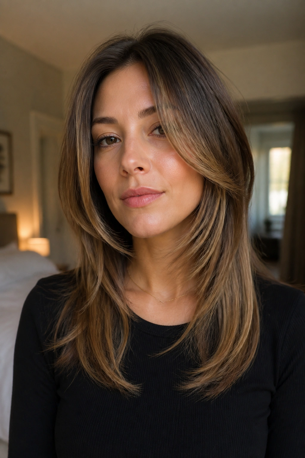 Close-up portrait of a woman with long face-framing layers starting at cheekbones and extending below chin