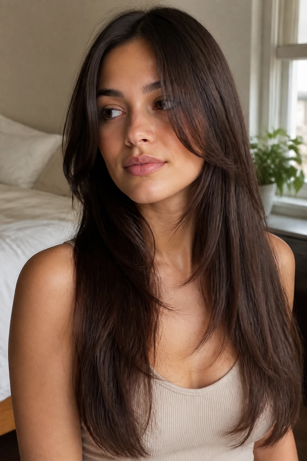 Close-up of real woman with long face-framing layers around the cheeks