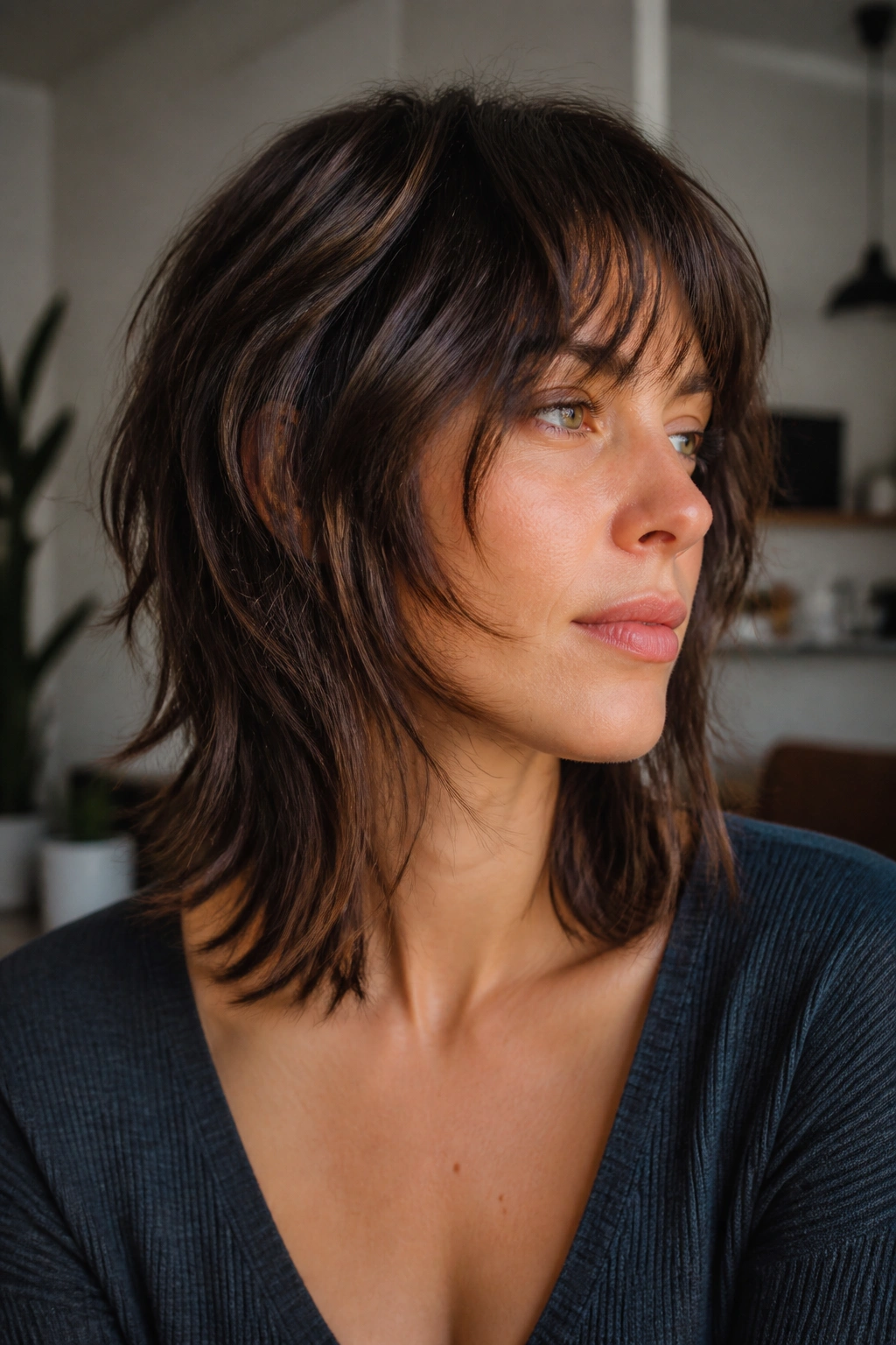 Close-up portrait of a real person with Long-Face Wolf Cut featuring brow-fringe and side volume.