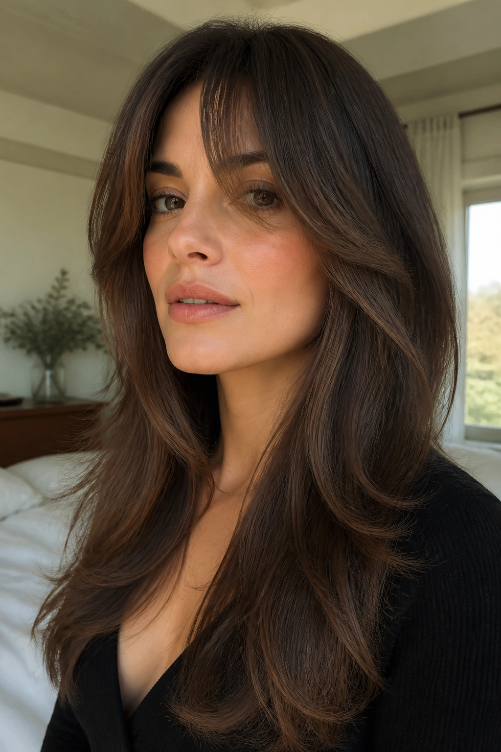 Close-up portrait of long feathered bangs blended into face-framing layers in natural window light