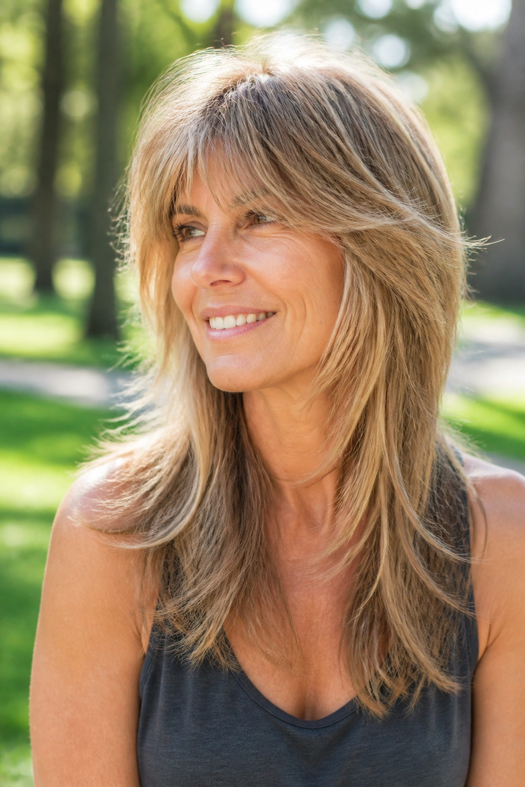 Real-woman portrait with long feathered shag and airy layers in sunny park light