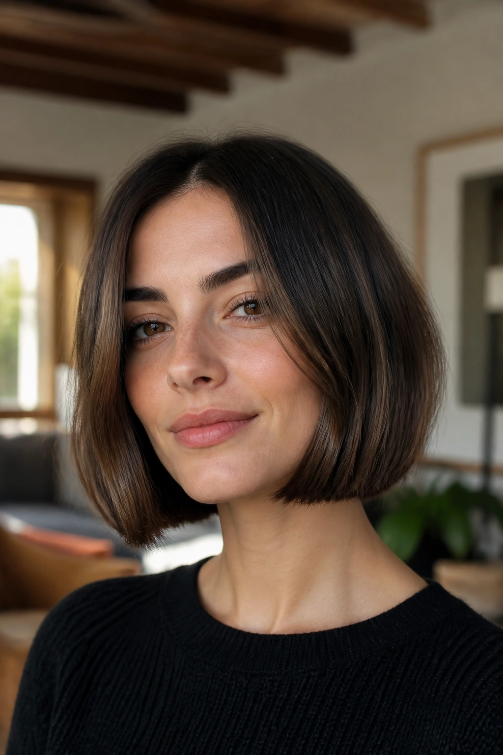 Portrait of a real person with a long French bob and a gentle bend at the ends