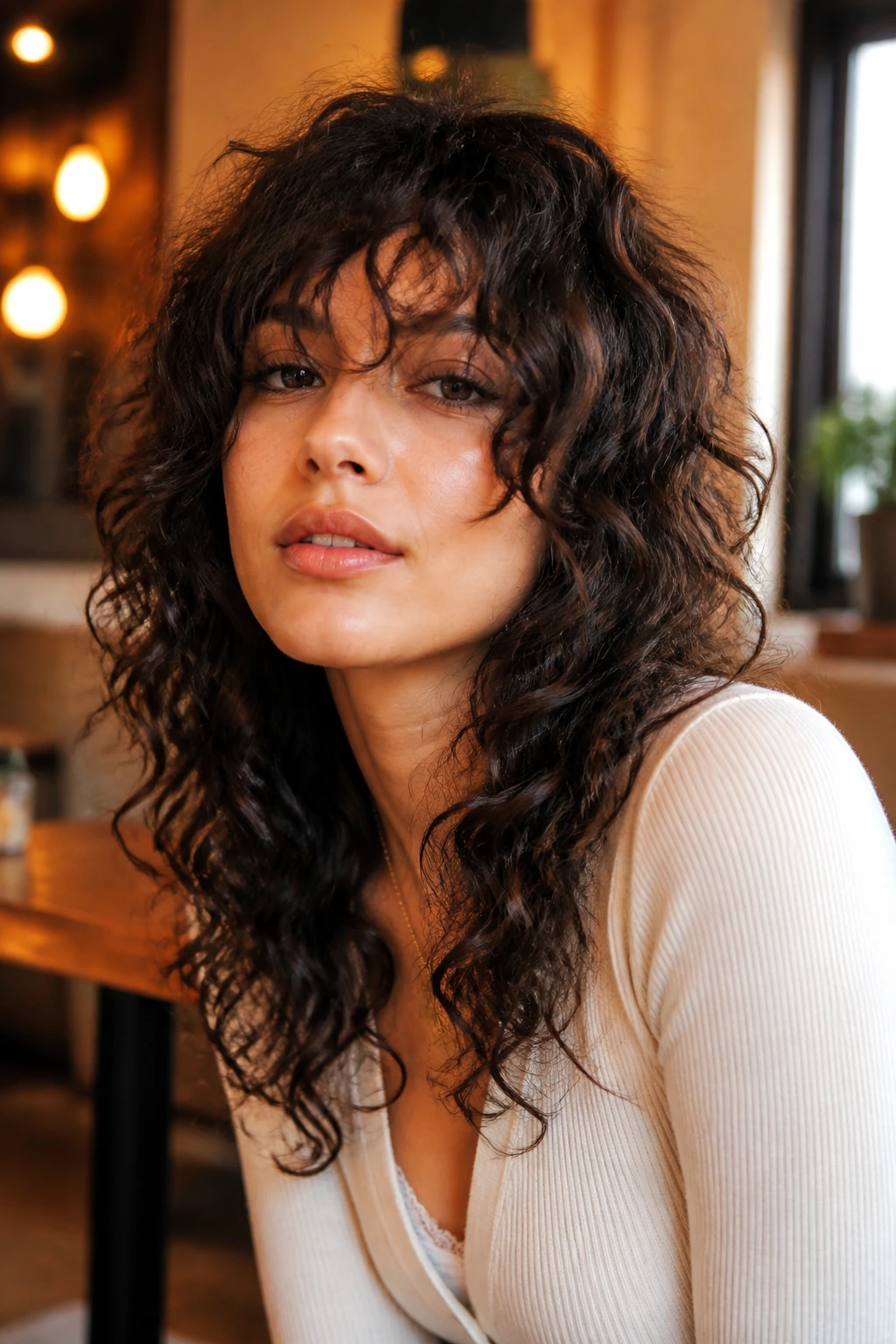 Real woman with long fringe curly shag across the forehead.